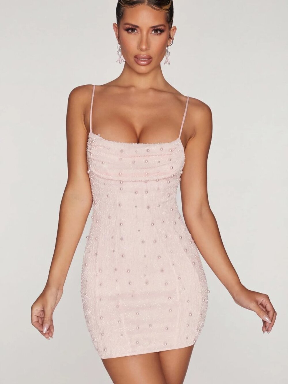 Oh Polly Seychelles Embellished Cowl Neck Mini Dress in Blush